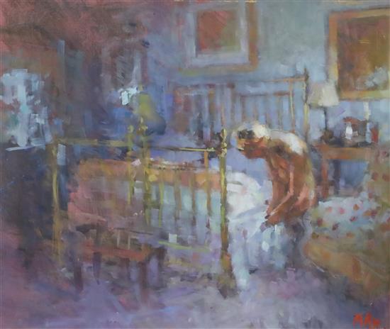 § Mark Rowbotham (b.1959) Nude beside a brass bed 10 x 12in.